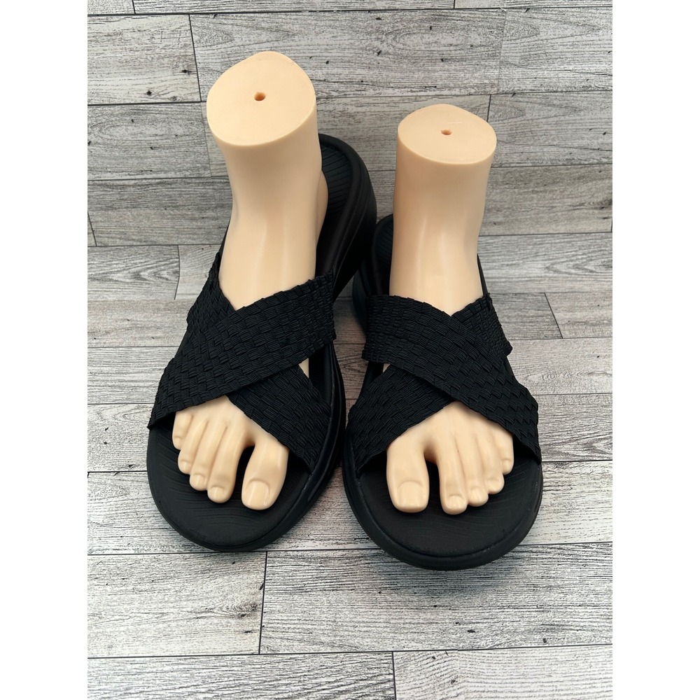 Skechers Arch Fit Ultra Go Black Woven Cross Strap Slide Sandals Women Sz 11
